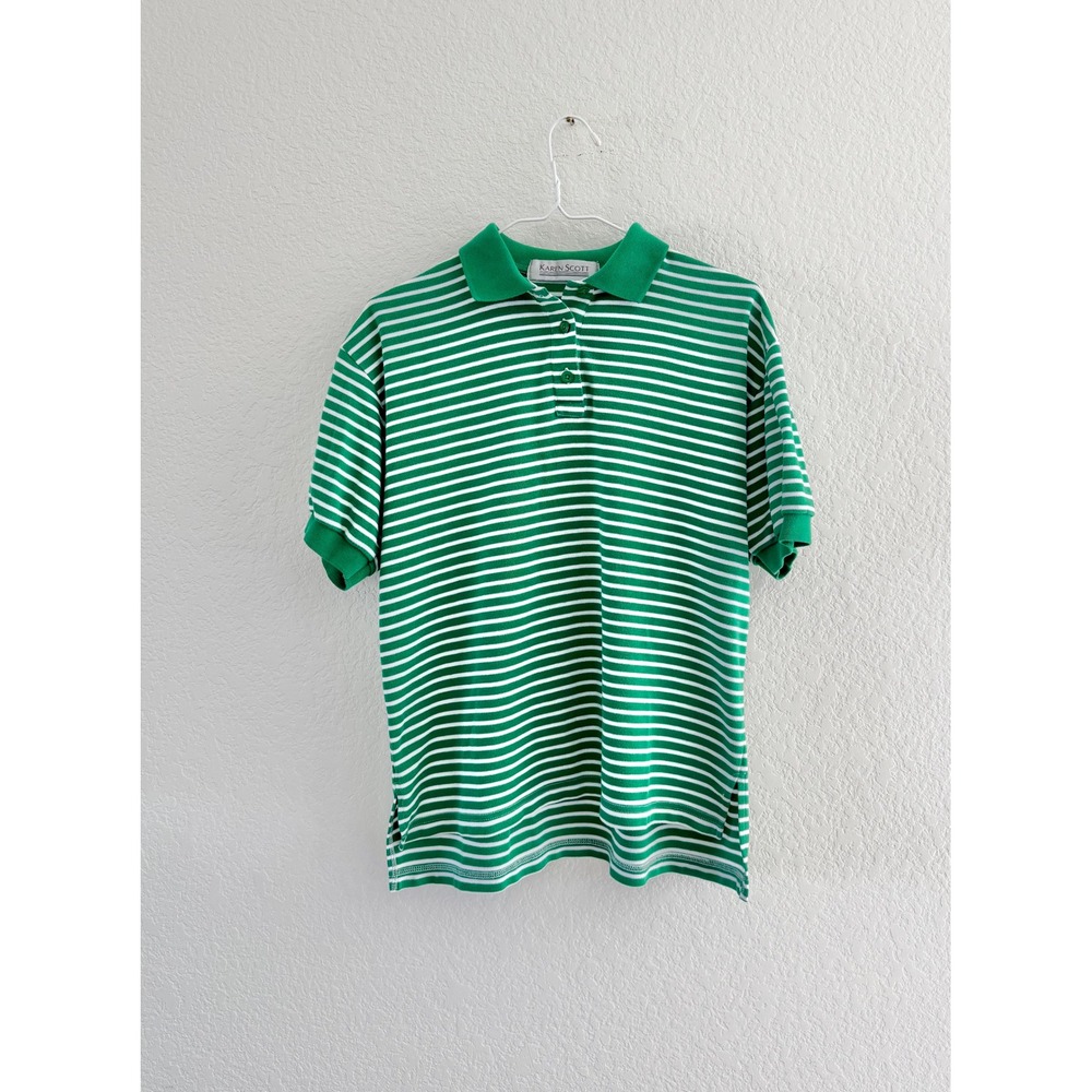 Karen Scott VTG Unisex Green White Striped Short Sleeve‎ Polo Shirt Medium